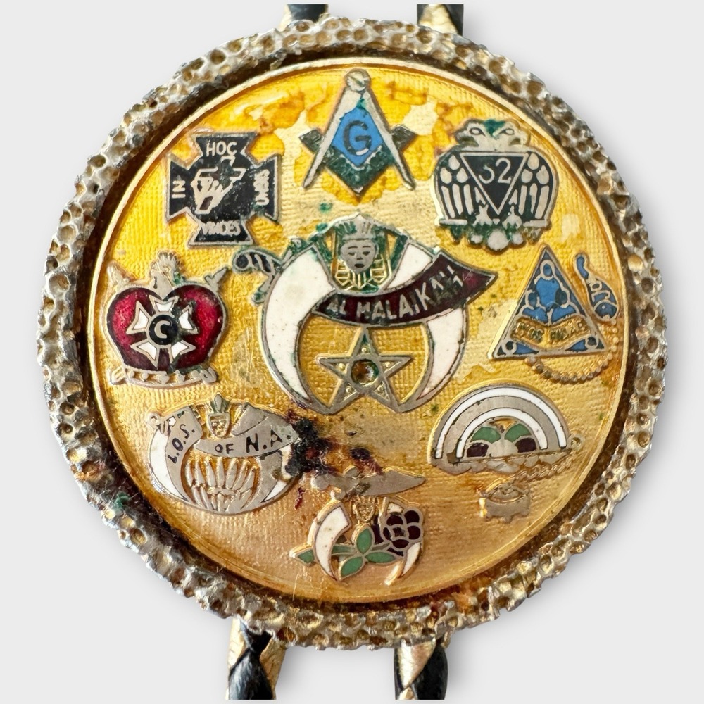 Vintage Masonic Bolo Tie Slide Gold Tone Multi Emblem Shriners Al Malaikah 80s